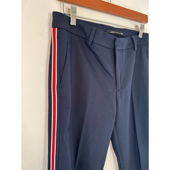 ZARA Woman Navy Trousers Red and White Side Stripe Size 6 - Picture 3 of 11
